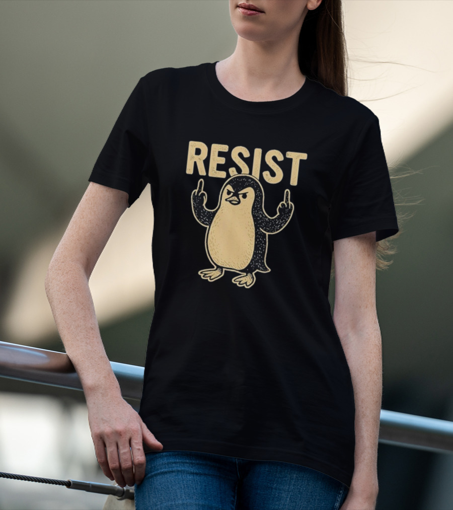 Resist Penguin Middle Finger Protest Symbol T-Shirt