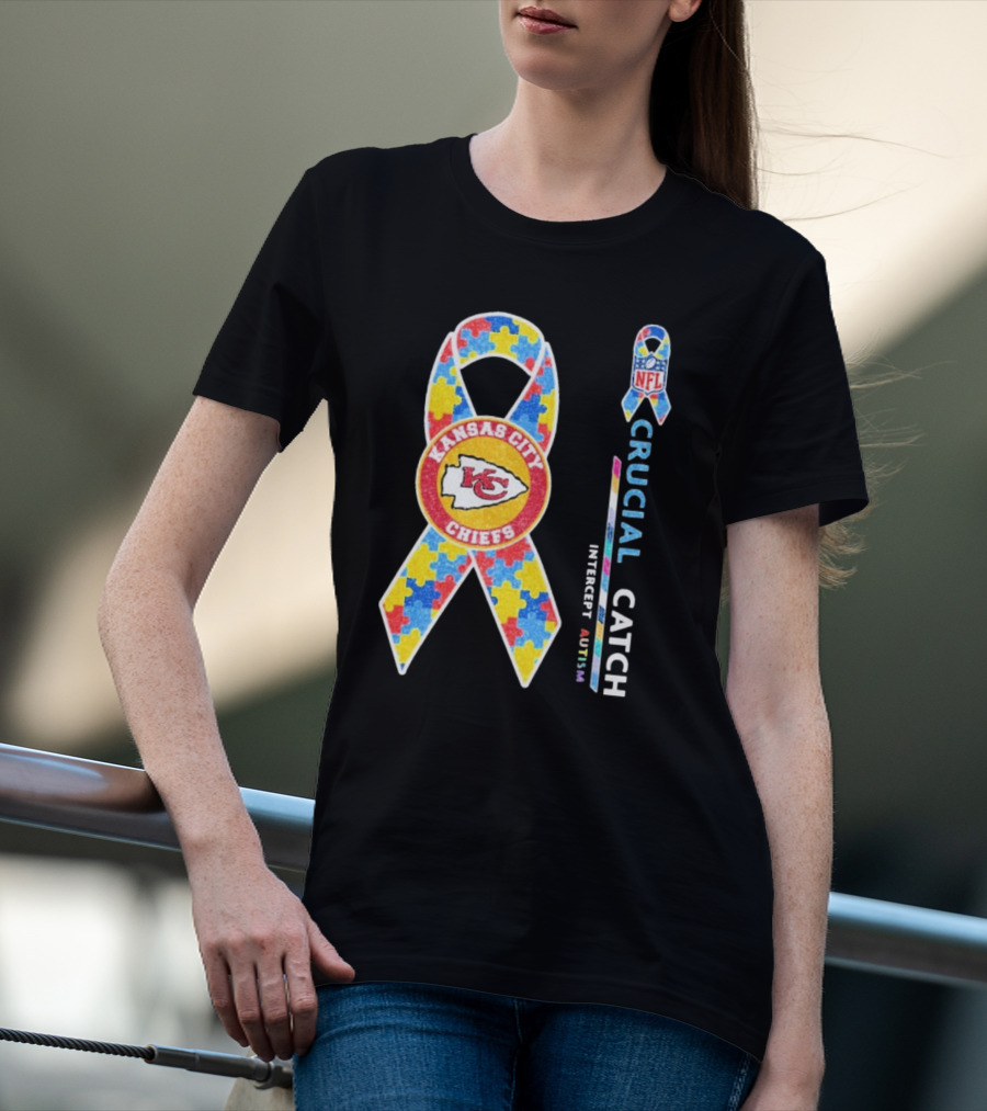 Kansas City Chiefs NFL Puzzle Ribbon Autism Awareness Crucial Catch T-Shirt