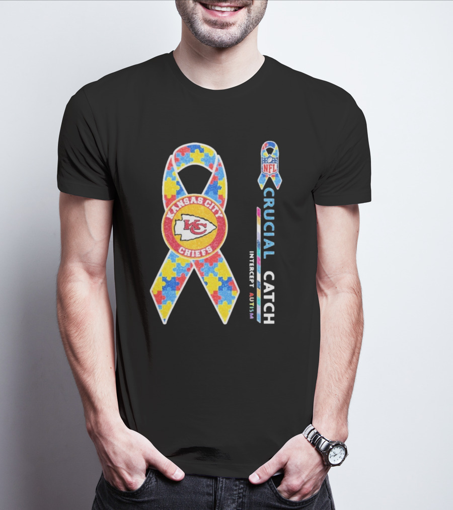 Kansas City Chiefs NFL Puzzle Ribbon Autism Awareness Crucial Catch T-Shirt