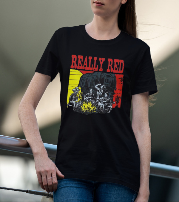 Really Red Cow Punks Campfire Scene With Musical Cowboys And Wagon T-Shirt