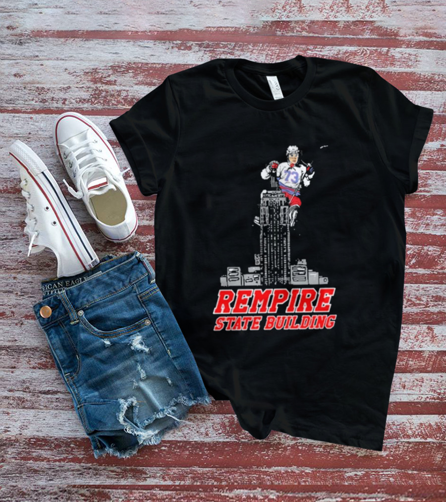 Rempire State Building Red And Blue Hockey Player Skyscraper Concept T-Shirt