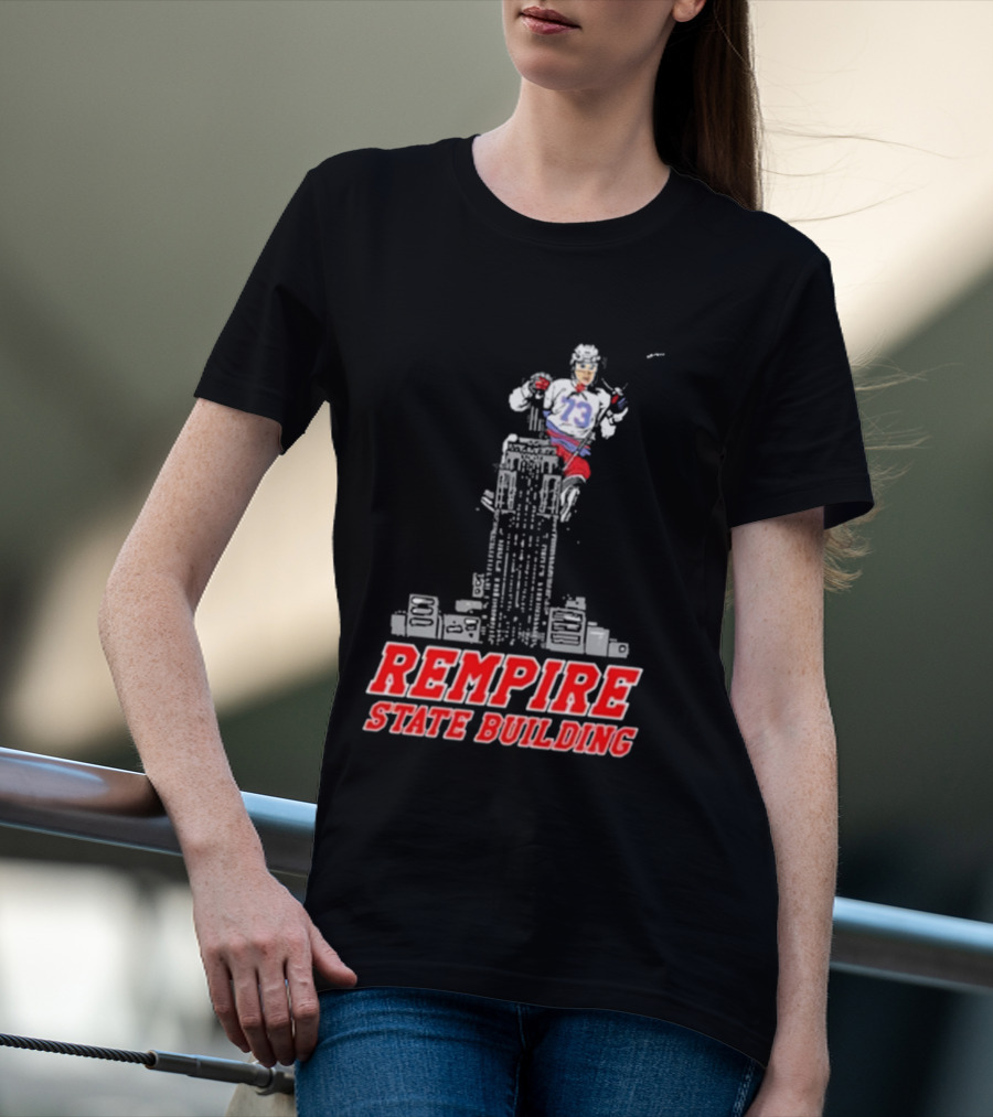 Rempire State Building Red And Blue Hockey Player Skyscraper Concept T-Shirt