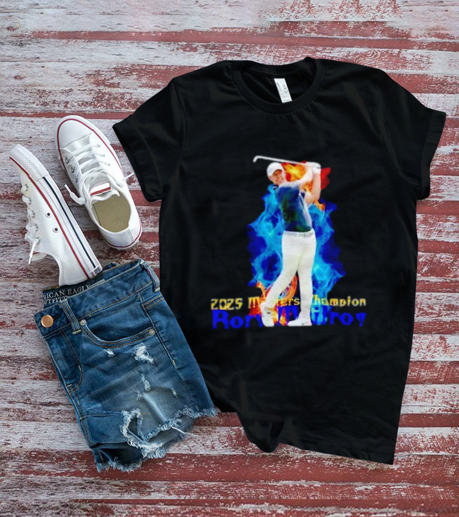 Rory McIlroy 2025 Masters Champion Golf Swing With Fire And Blue Flame Background T-Shirt