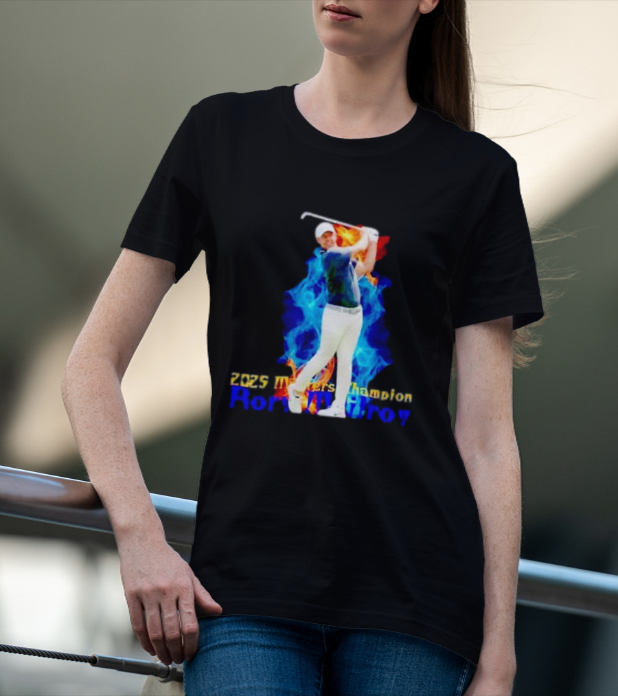 Rory McIlroy 2025 Masters Champion Golf Swing With Fire And Blue Flame Background T-Shirt