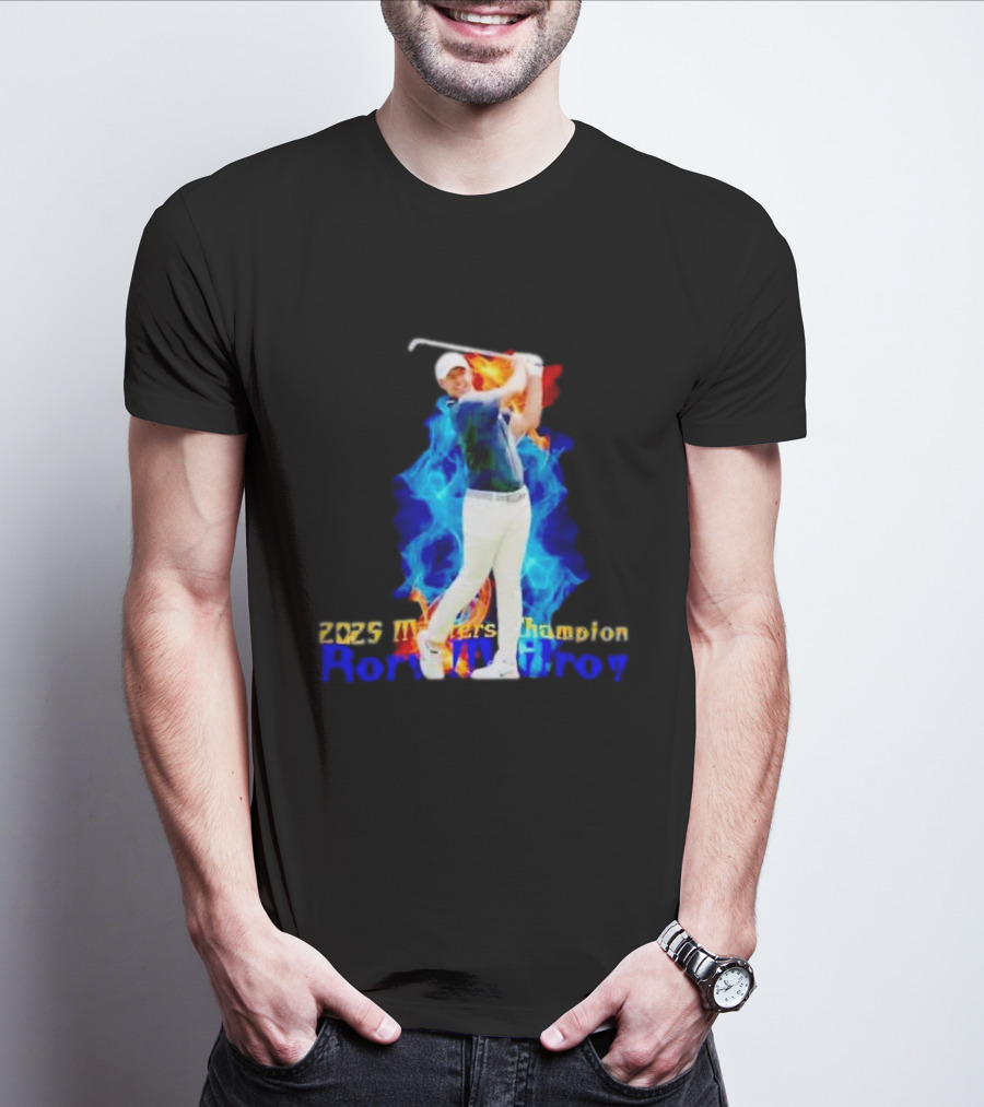 Rory McIlroy 2025 Masters Champion Golf Swing With Fire And Blue Flame Background T-Shirt