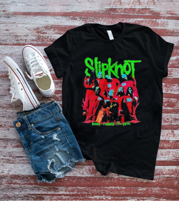 Slipknot Here Comes The Pain Text With Red Figures And Green Logo T-Shirt