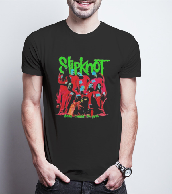 Slipknot Here Comes The Pain Text With Red Figures And Green Logo T-Shirt