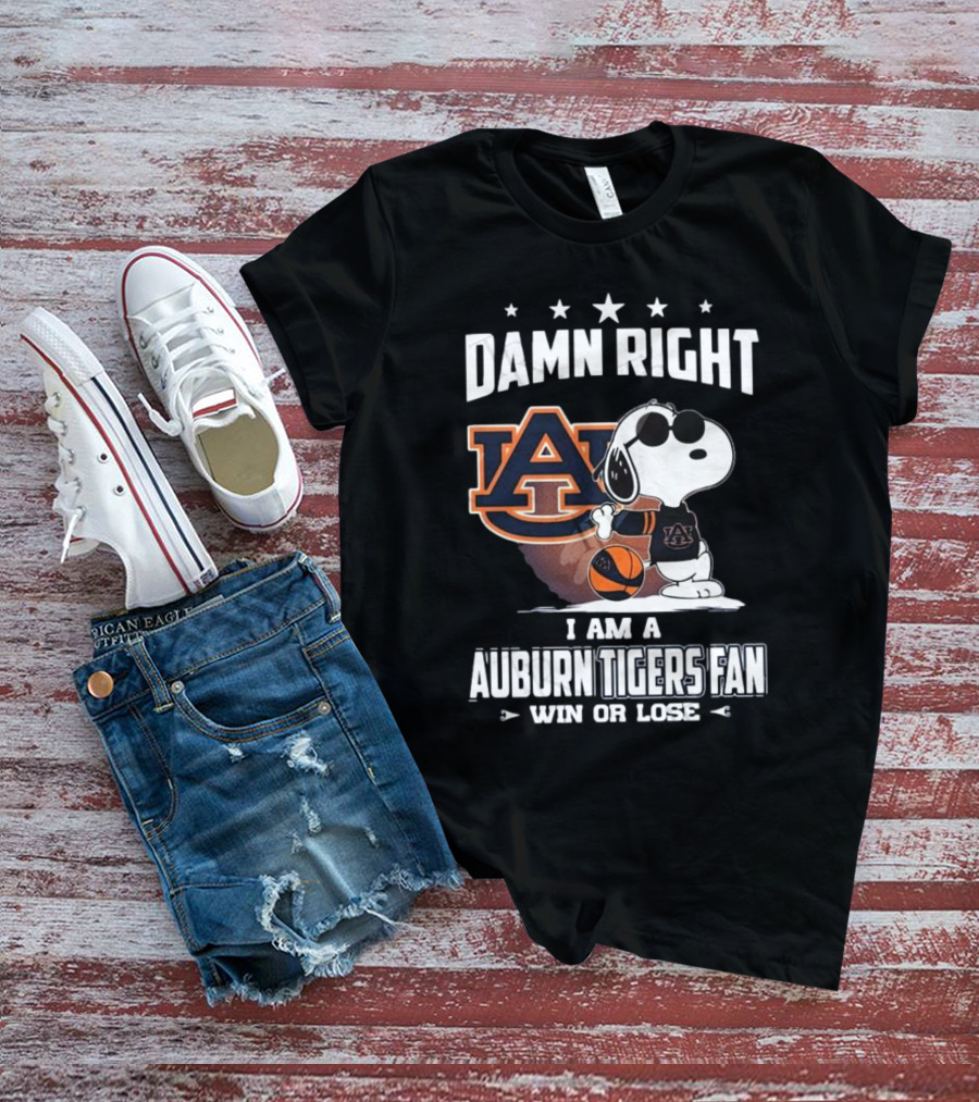 Damn Right I Am A Auburn Tigers Fan Win Or Lose Snoopy Auburn Logo T-Shirt