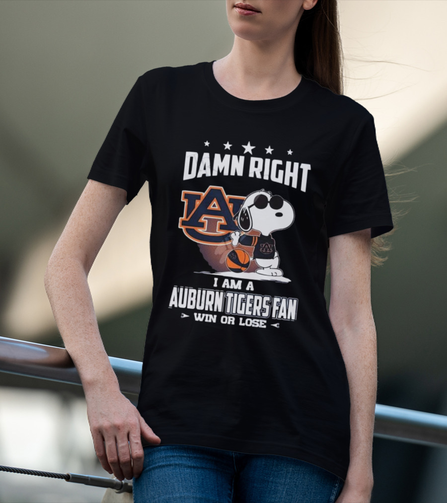 Damn Right I Am A Auburn Tigers Fan Win Or Lose Snoopy Auburn Logo T-Shirt