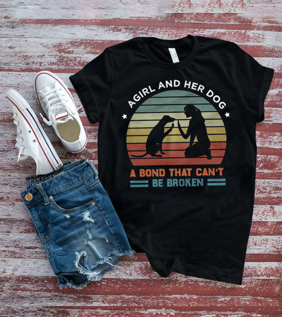 A Girl And Her Dog A Bond That Can't Be Broken Vintage Dog Silhouette Retro Stripes T-Shirt
