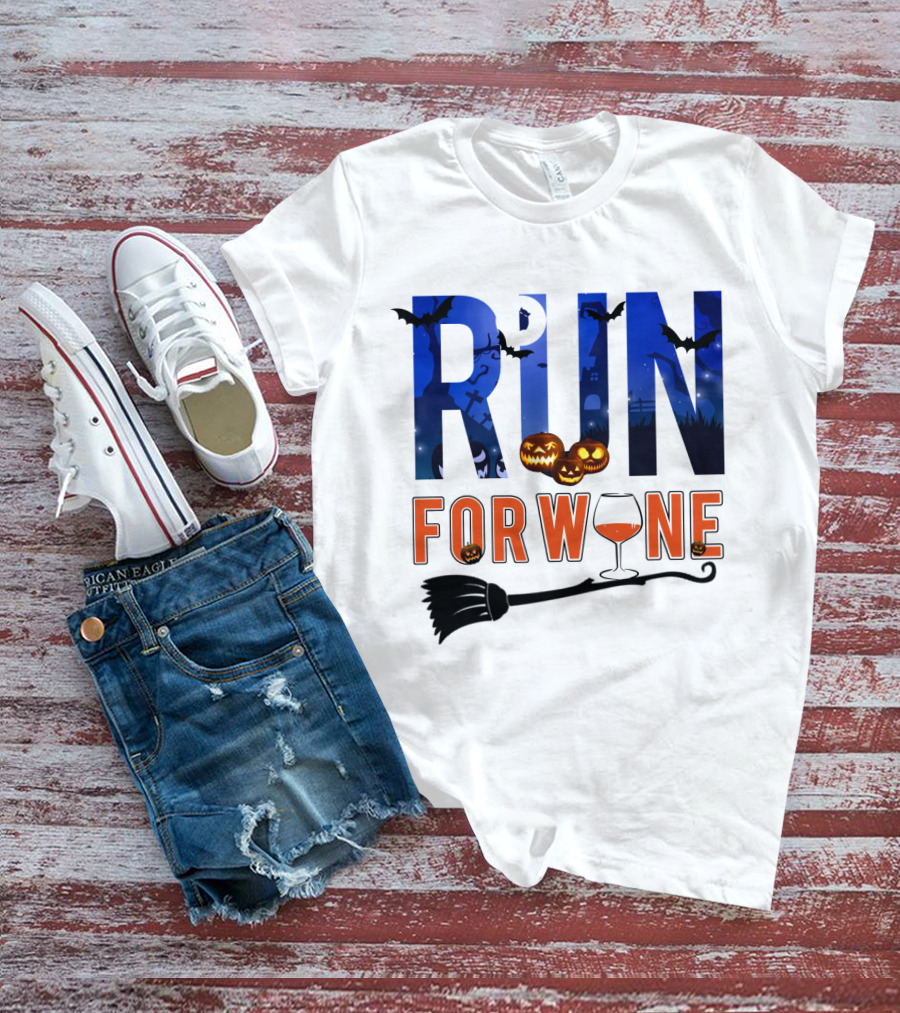 Halloween Run For Wine With Bats, Pumpkins, Witch's Broom, And Wine Glass T-Shirt