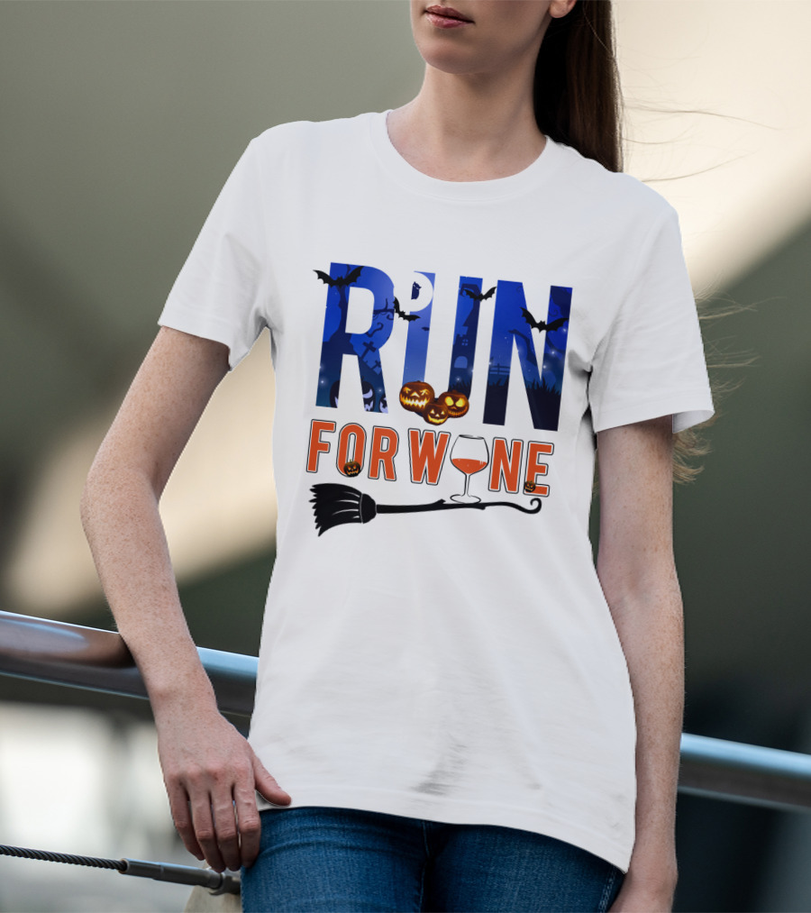 Halloween Run For Wine With Bats, Pumpkins, Witch's Broom, And Wine Glass T-Shirt