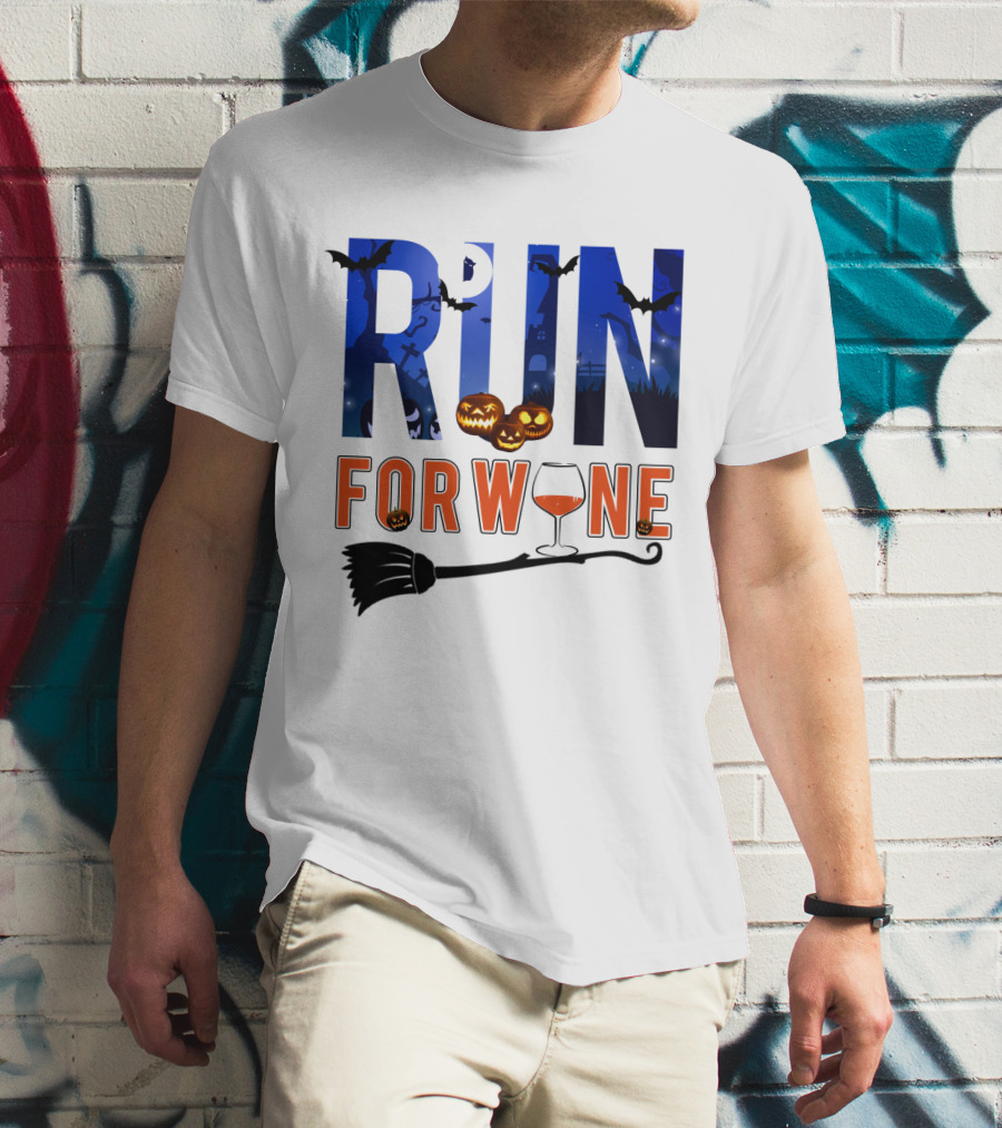 Halloween Run For Wine With Bats, Pumpkins, Witch's Broom, And Wine Glass T-Shirt