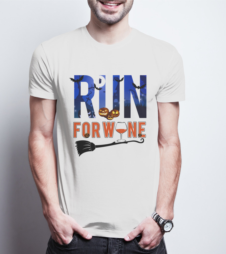 Halloween Run For Wine With Bats, Pumpkins, Witch's Broom, And Wine Glass T-Shirt