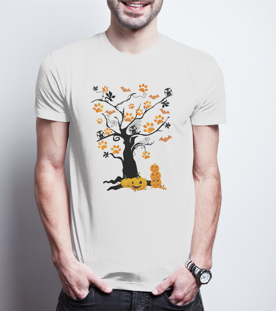 Dog Paw Tree Halloween Pumpkins Bats Owls Ghosts T-Shirt