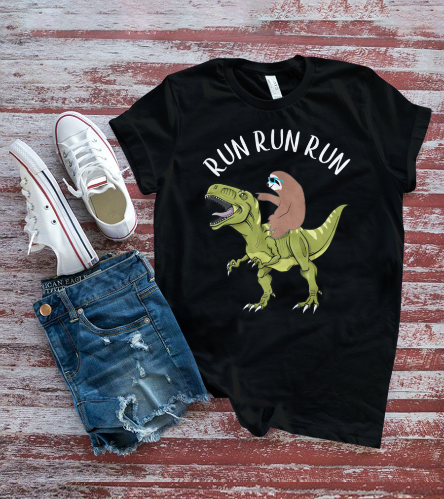 Run Run Run Sloth Riding Dinosaur T-Shirt