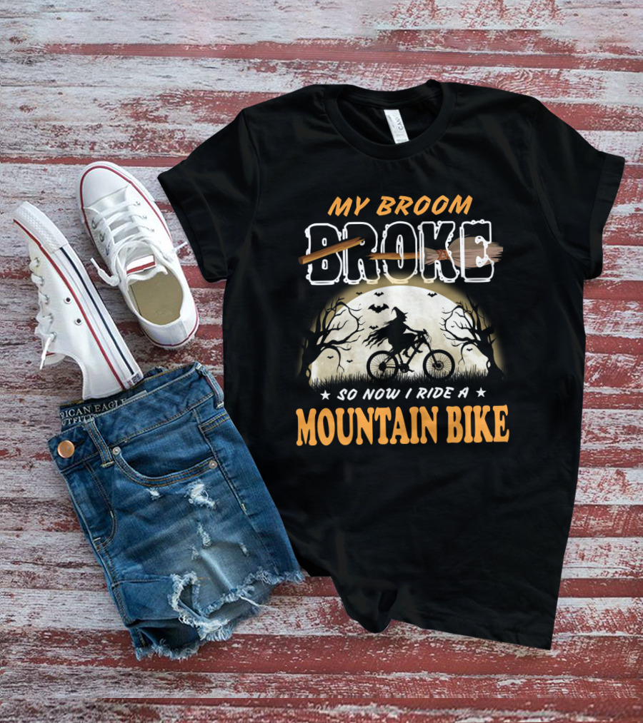 My Broom Broke So Now I Ride A Mountain Bike Halloween Witch Cycling Moon Scene T-Shirt