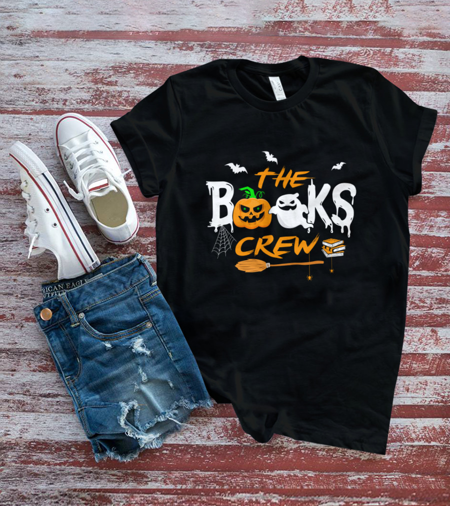 The Books Crew Halloween Ghost Pumpkin Bats Broom Books Spider Web T-Shirt