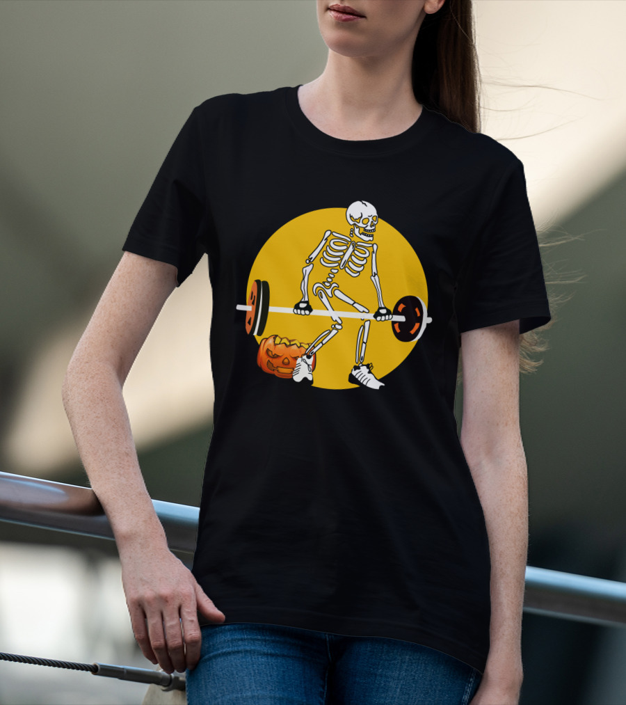Skeleton Lifting Barbell With Pumpkin Halloween T-Shirt