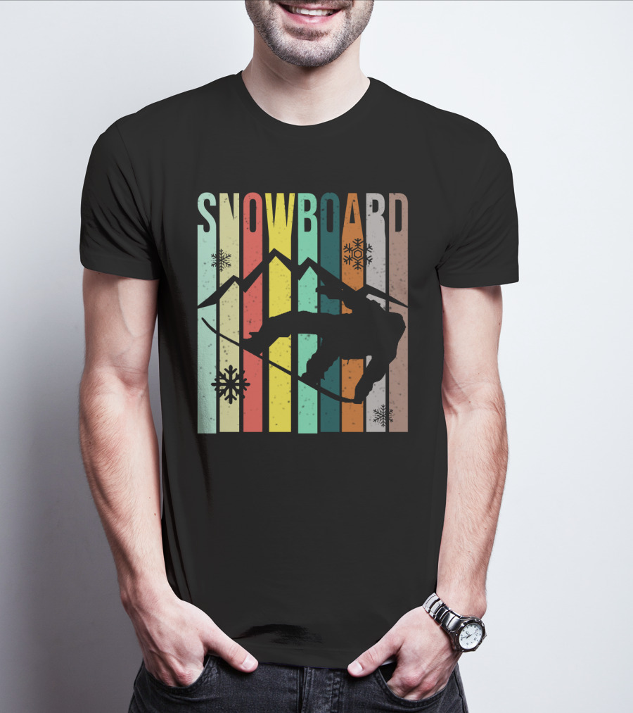 Snowboard Snowboarding Retro Mountain Silhouette Snowflakes T-Shirt