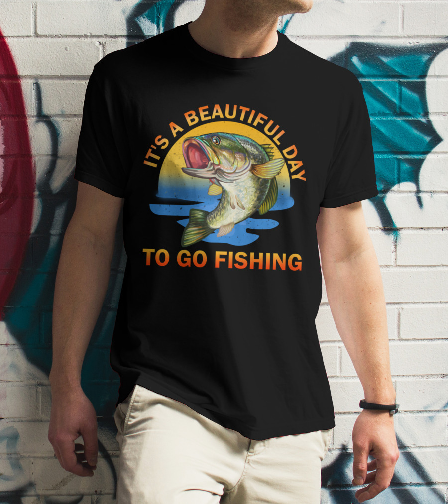 IT'S A BEAUTIFUL DAY TO GO FISHING Fish Jumping Sunset Scene T-Shirt