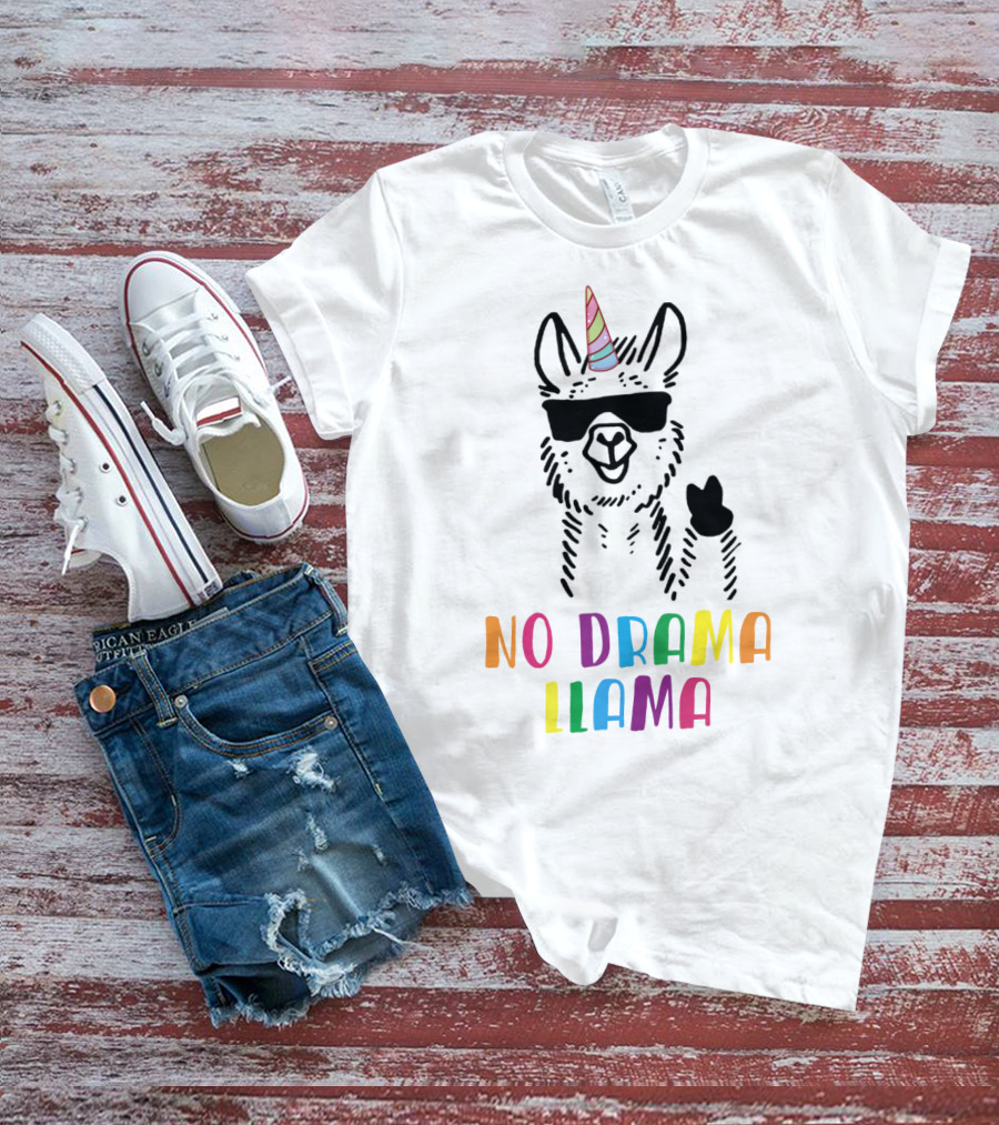 Llamacorn No Drama Llama Funny Unicorn Rainbow Text Sunglasses Peace Sign T-Shirt