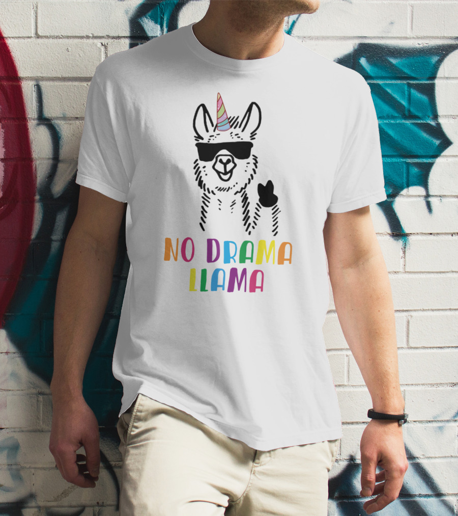 Llamacorn No Drama Llama Funny Unicorn Rainbow Text Sunglasses Peace Sign T-Shirt