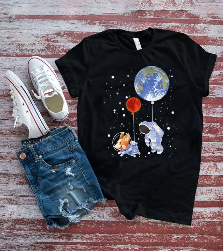 Corgi Astronaut And Human Floating With Earth And Mars Balloons In Space T-Shirt