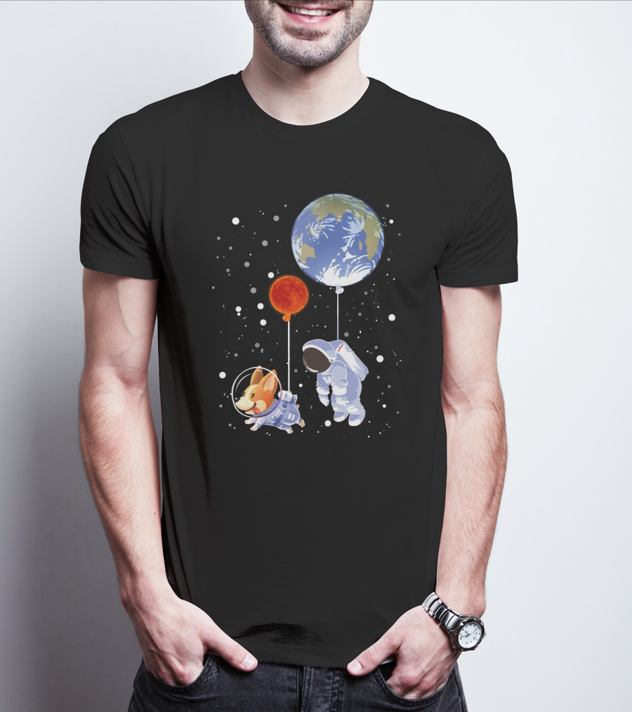 Corgi Astronaut And Human Floating With Earth And Mars Balloons In Space T-Shirt