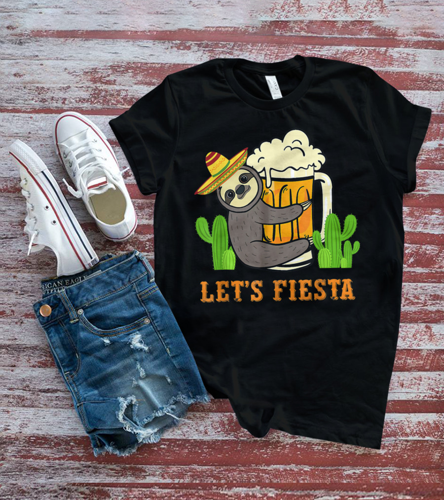 Let's Fiesta Sloth With Beer And Mexican Cactus Celebrating Cinco De Mayo T-Shirt
