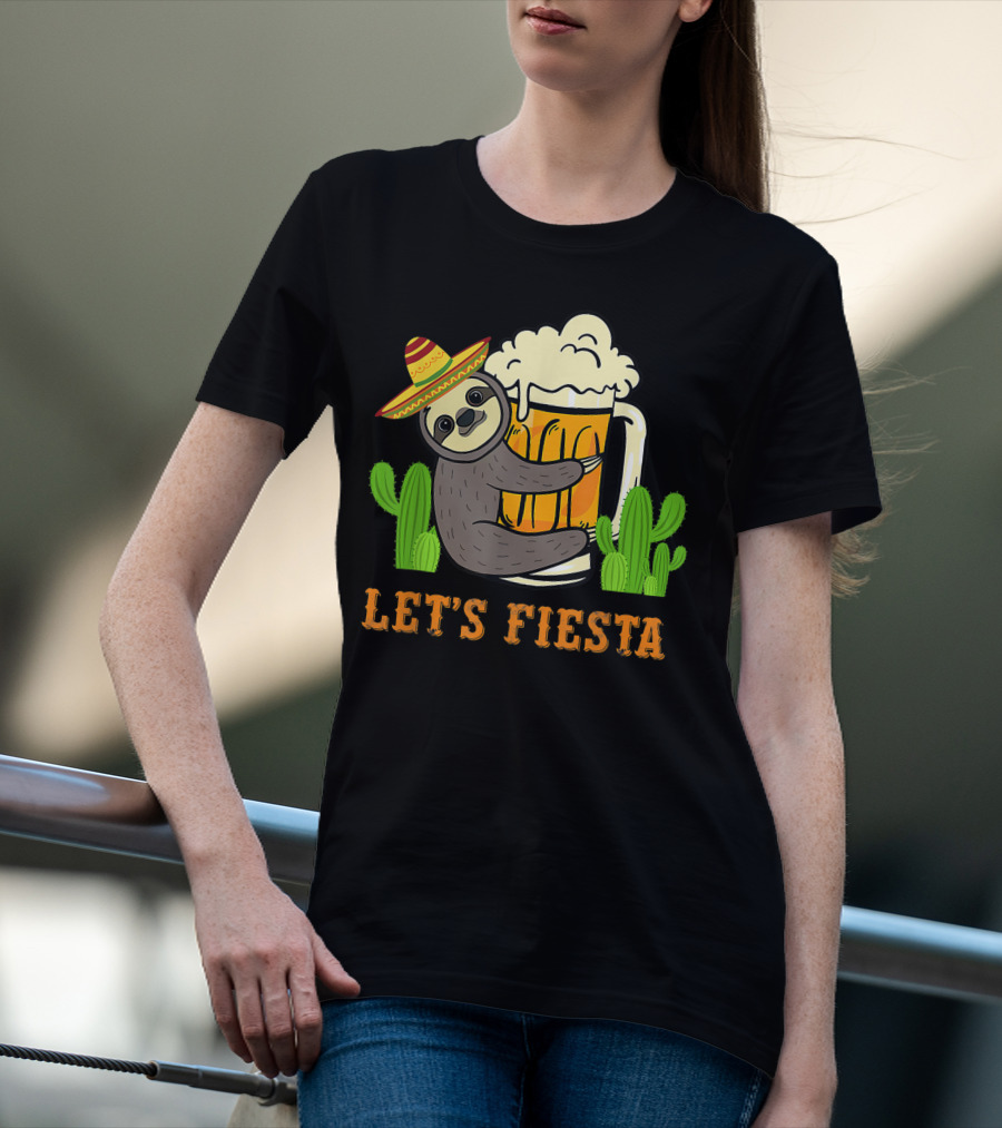 Let's Fiesta Sloth With Beer And Mexican Cactus Celebrating Cinco De Mayo T-Shirt