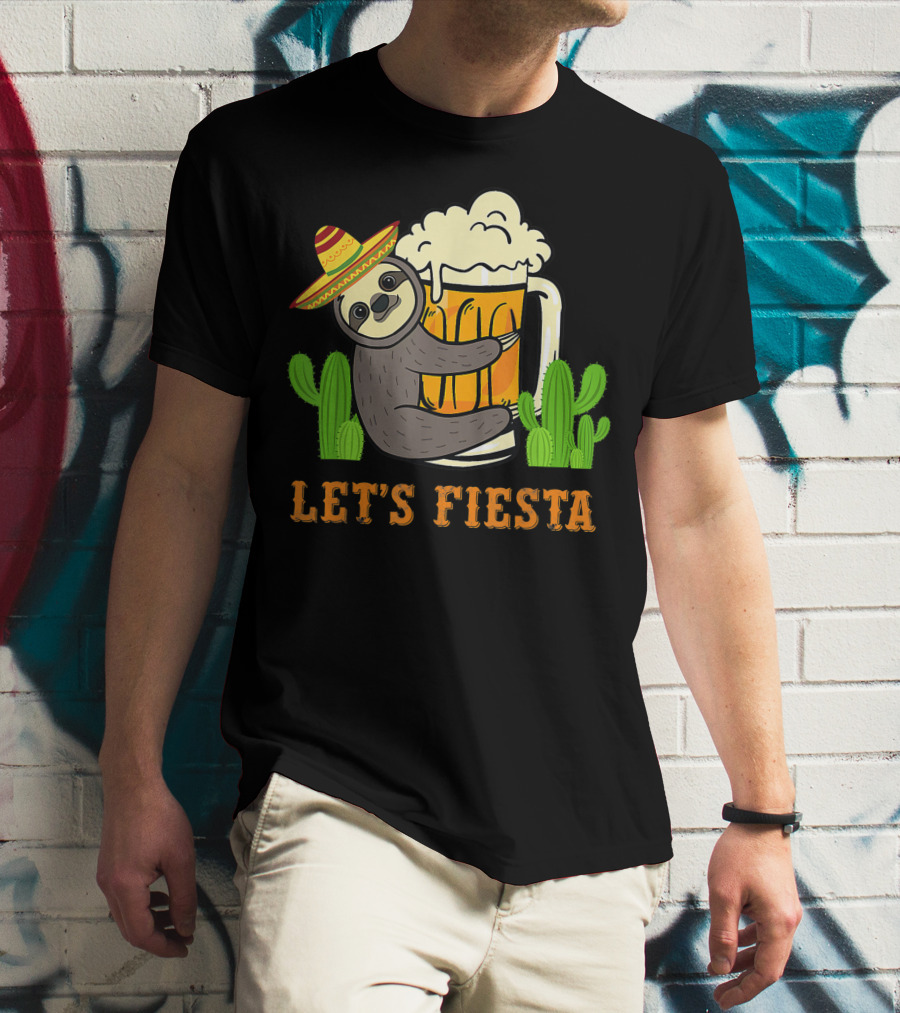 Let's Fiesta Sloth With Beer And Mexican Cactus Celebrating Cinco De Mayo T-Shirt