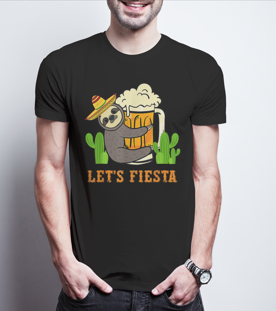 Let's Fiesta Sloth With Beer And Mexican Cactus Celebrating Cinco De Mayo T-Shirt
