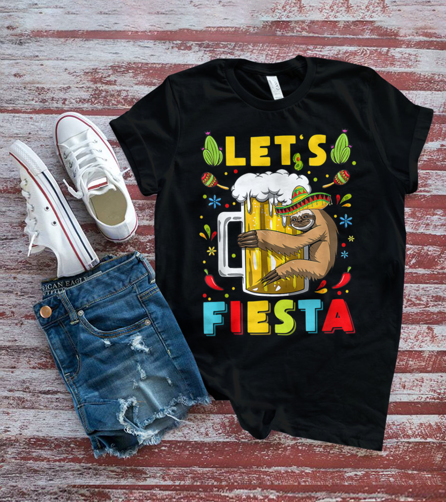 Fiesta Sloth Hugging Beer Mug With Sombrero And Mexican Decor For Cinco De Mayo T-Shirt