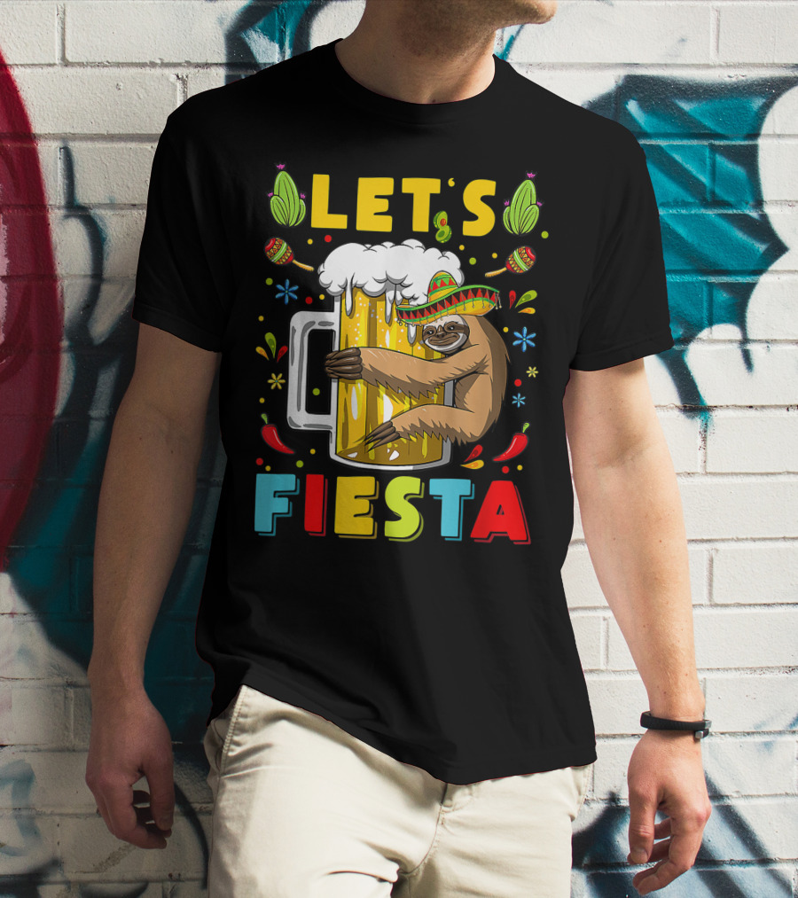 Fiesta Sloth Hugging Beer Mug With Sombrero And Mexican Decor For Cinco De Mayo T-Shirt