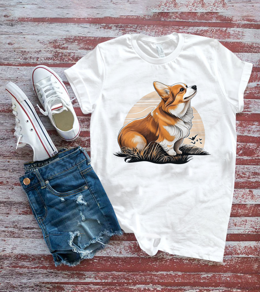 Corgi Dog Cute Sunset Scene T-Shirt