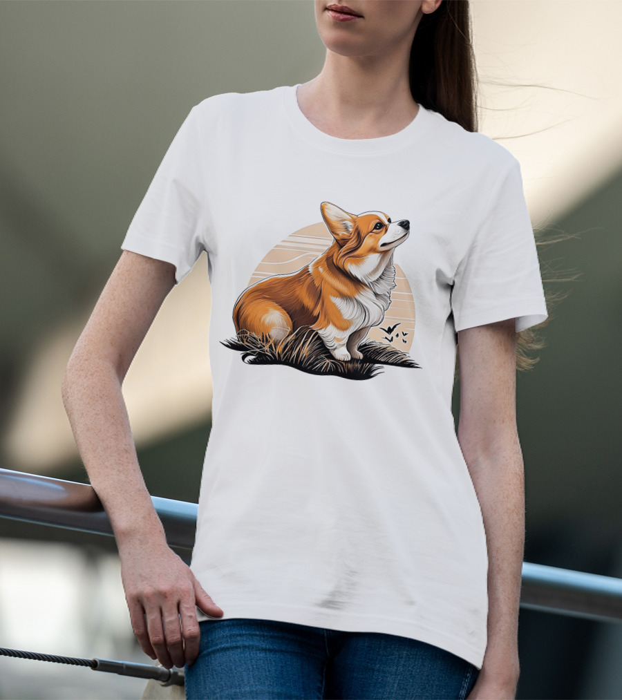 Corgi Dog Cute Sunset Scene T-Shirt