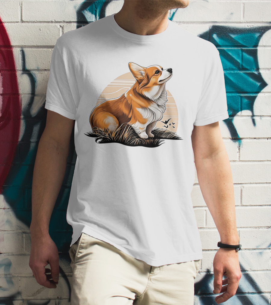 Corgi Dog Cute Sunset Scene T-Shirt