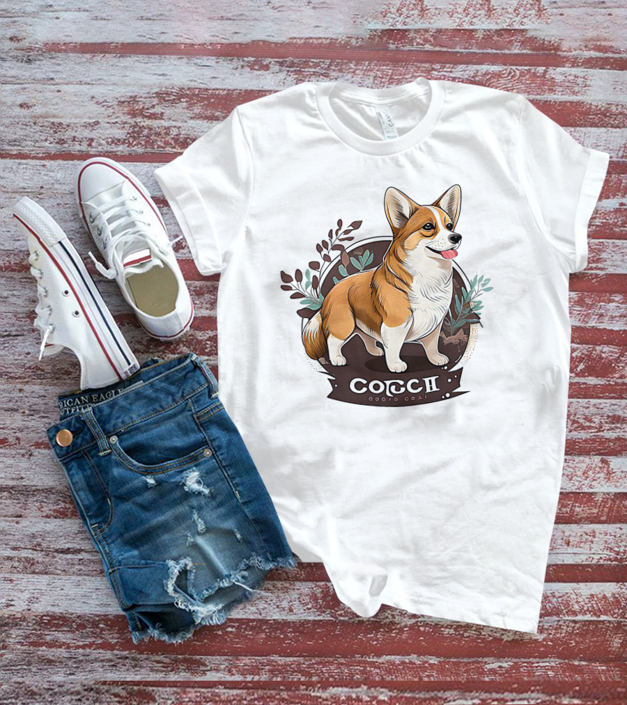 Corgi Cute Baby Dog Illustration With Floral Background T-Shirt