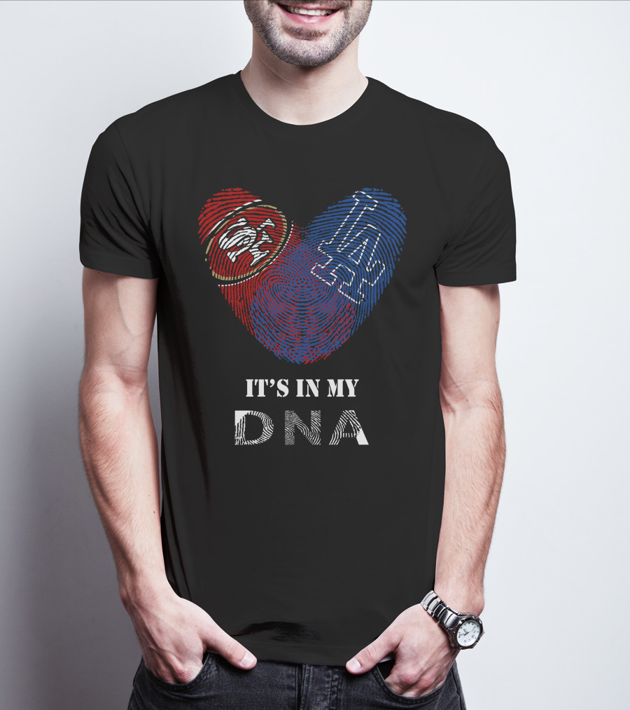 49Ers Dodgers SF LA Heart Fingerprint DNA T-Shirt
