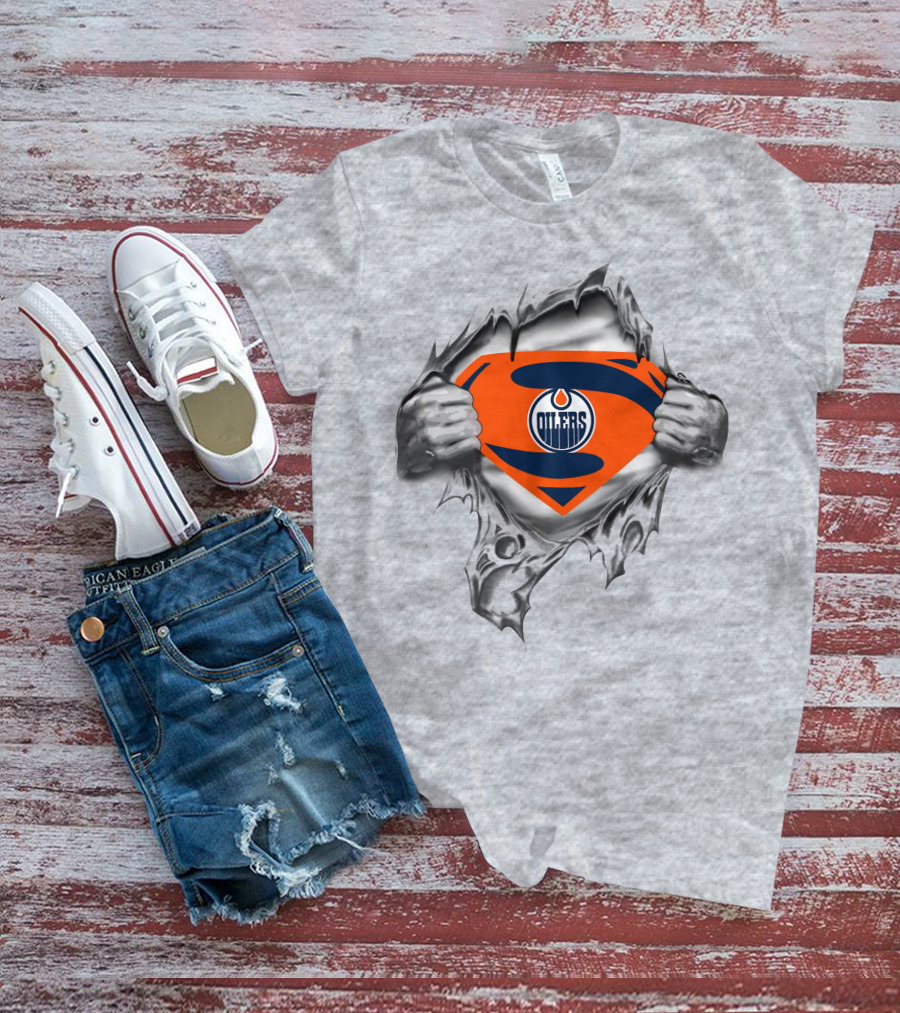 Edmonton Oilers Superman Logo Fusion With Torn Ripped Shirt Effect T-Shirt