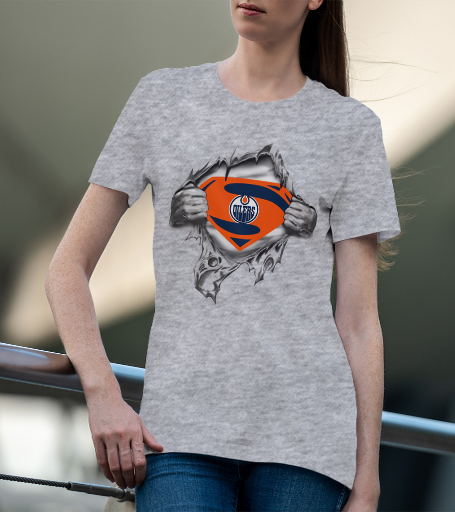 Edmonton Oilers Superman Logo Fusion With Torn Ripped Shirt Effect T-Shirt