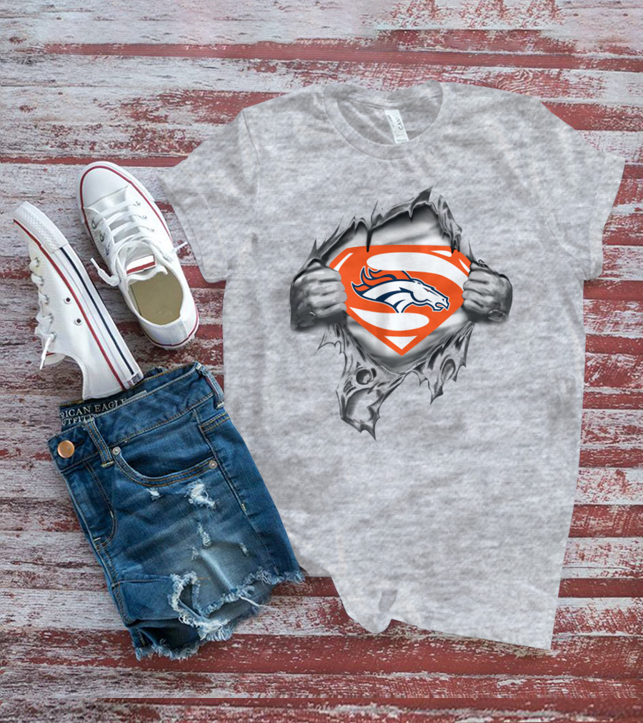 Broncos Super Man Logo Gray Torn Effect T-Shirt