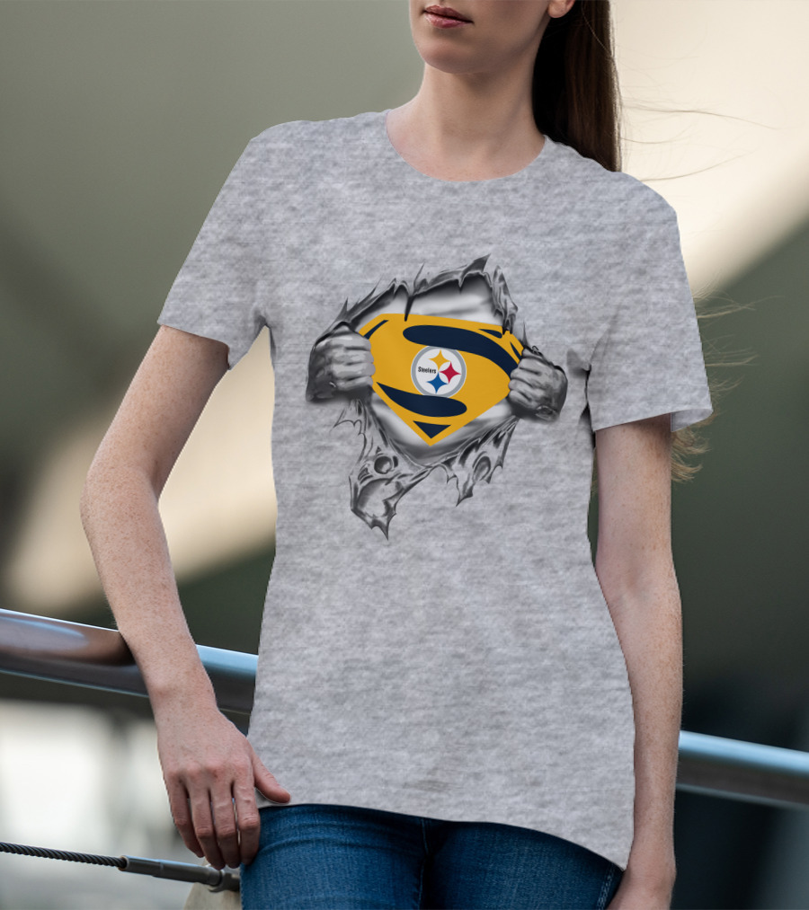 Steelers Super Man Emblem Rip Through Fabric T-Shirt