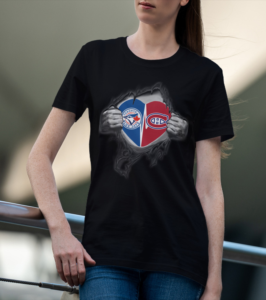 Toronto Blue Jays Montreal Canadiens Heart Logo In Rip T-Shirt