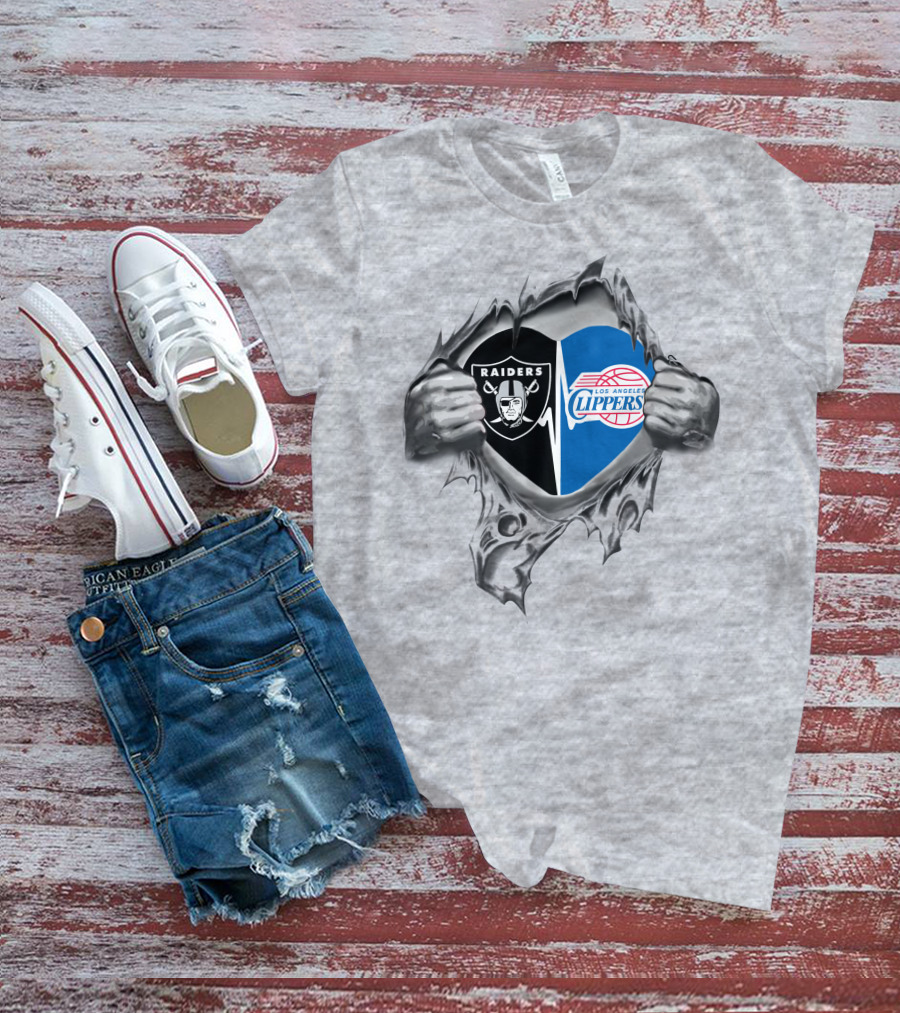 Raiders Clippers Heart Split Grey NFL NBA Fan T-Shirt