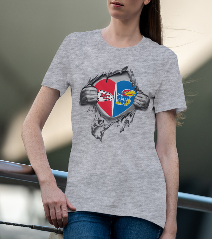 Kansas City Chiefs Kansas Jayhawks Heart Logo Tear T-Shirt