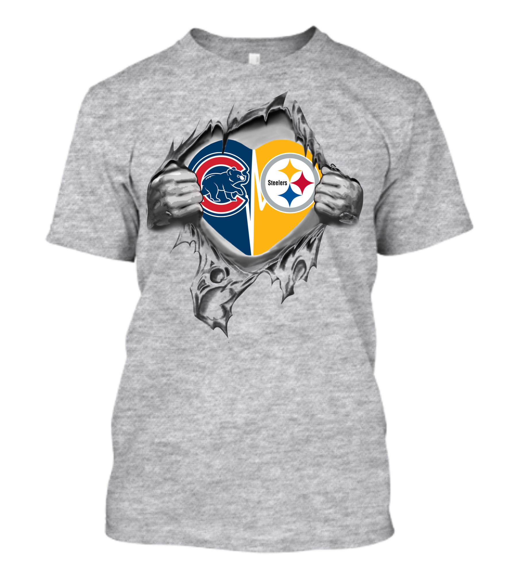 Cubs Steelers Heart Rip Fusion With Iconic Logos T-Shirt
