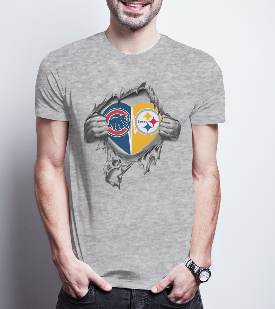 Cubs Steelers Heart Rip Fusion With Iconic Logos T-Shirt