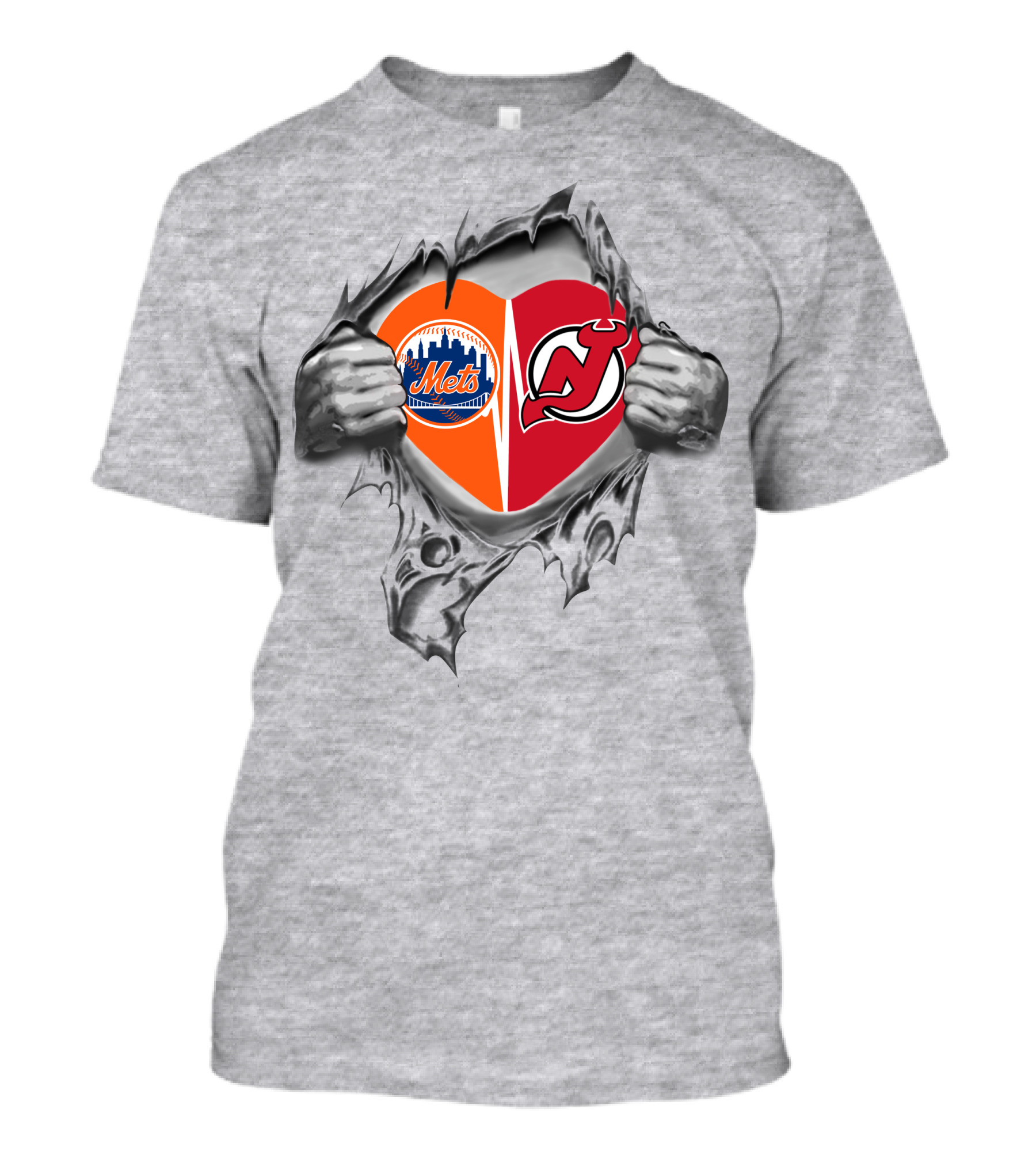 Mets Devils Heart Torn Open Baseball Hockey Fusion T-Shirt